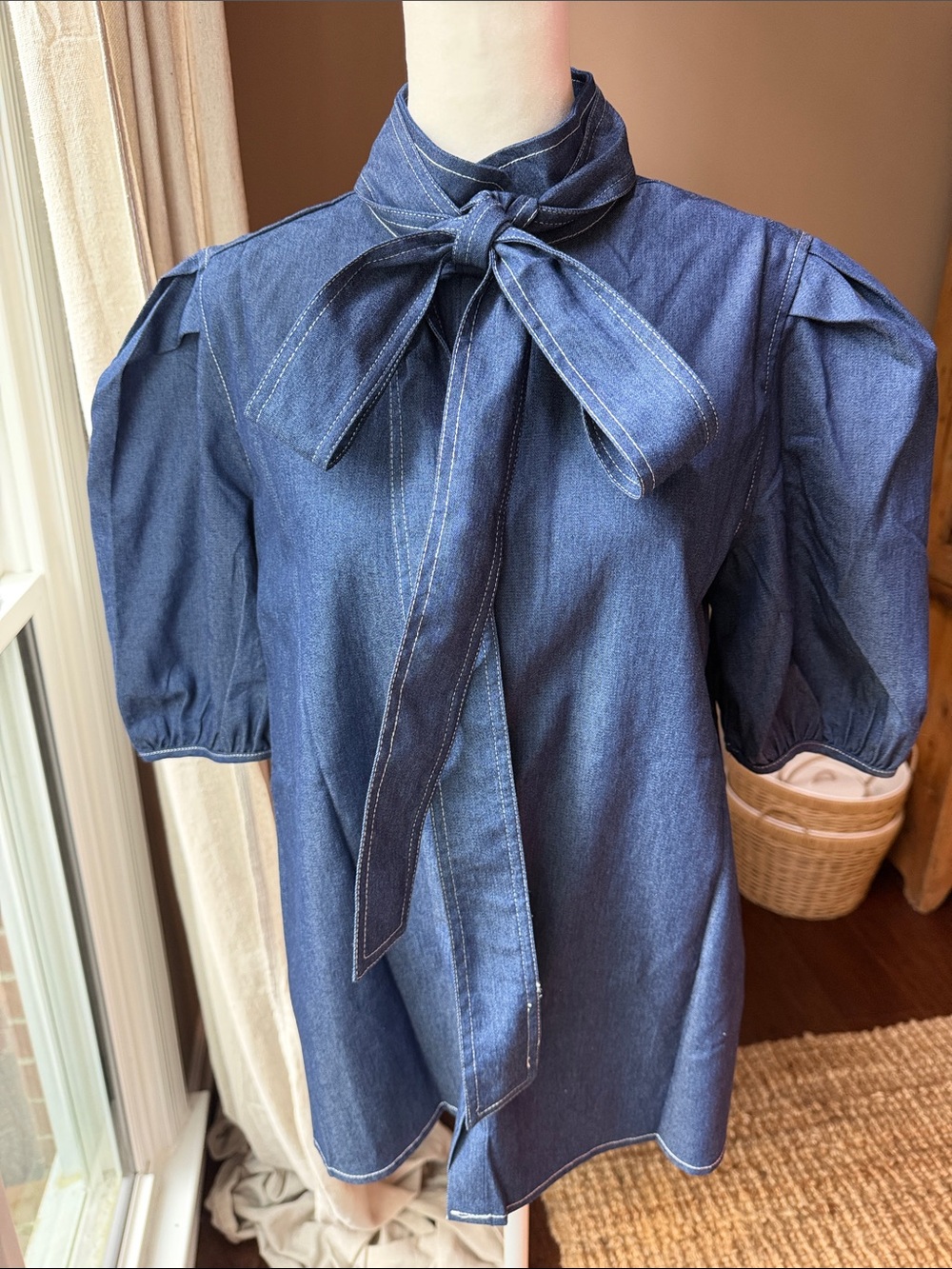 Tie-Neck Denim Puff Sleeve Top - Dark Blue